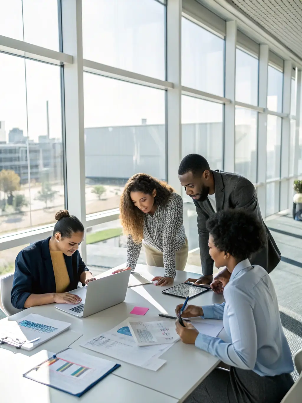 A group of diverse professionals collaborating in a modern Canadian office setting, symbolizing leadership.