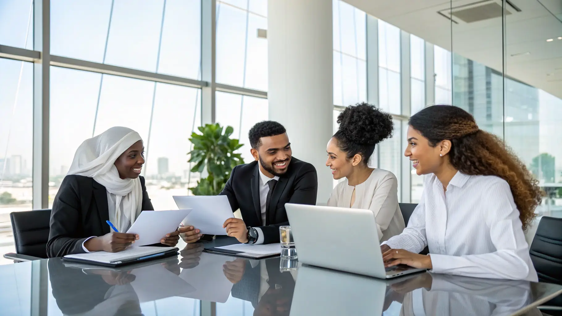 A diverse group of Canadian professionals collaborating in a modern office setting, symbolizing effective workplace leadership.