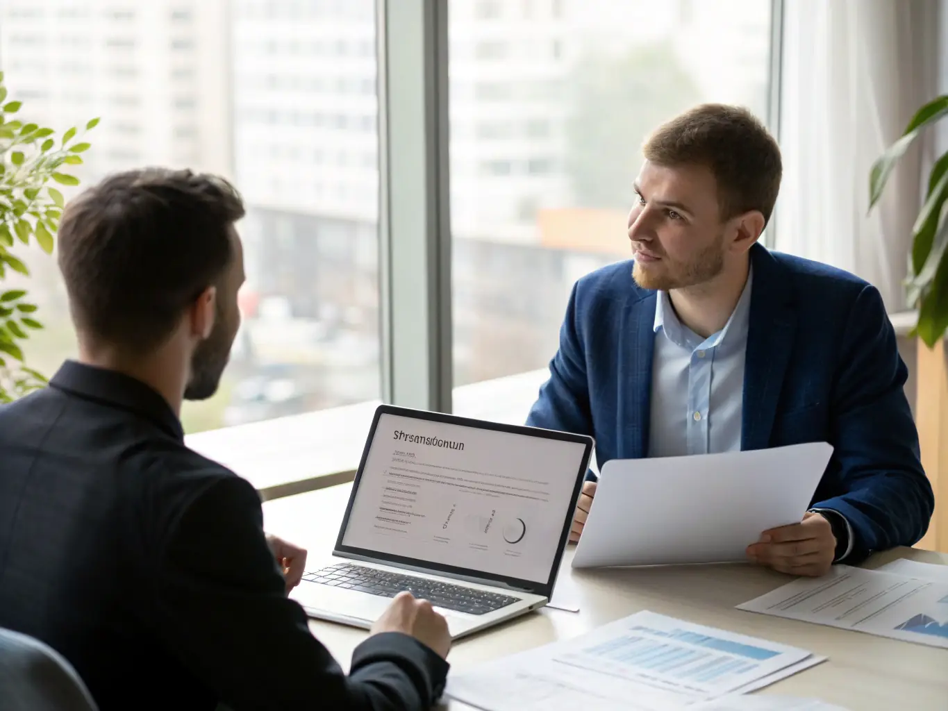 A business coach is conducting a one-on-one session with a client, using a laptop to analyze data and provide personalized feedback on their performance and progress towards business goals.