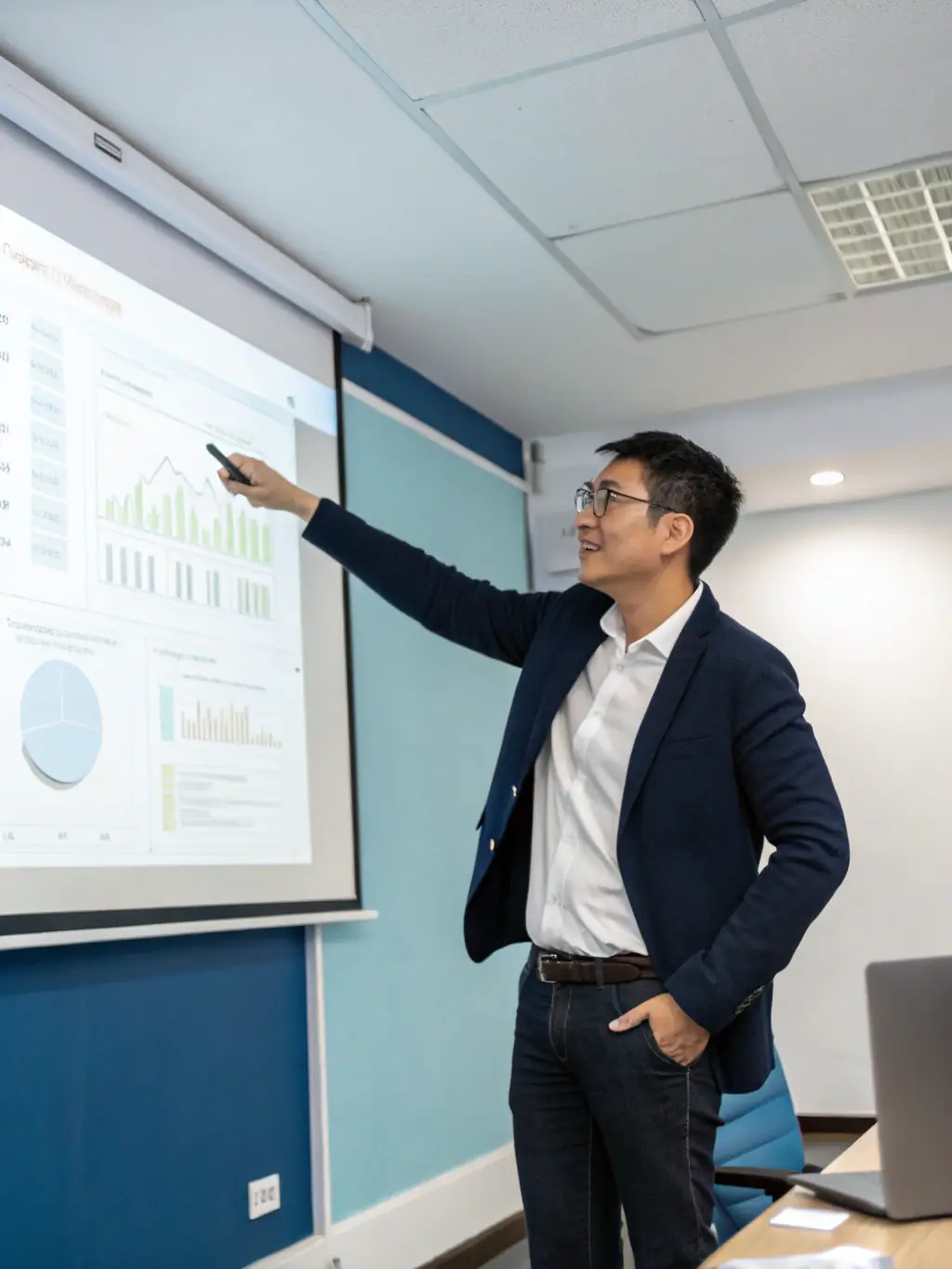 A person confidently presenting to a team, showcasing improved communication skills.