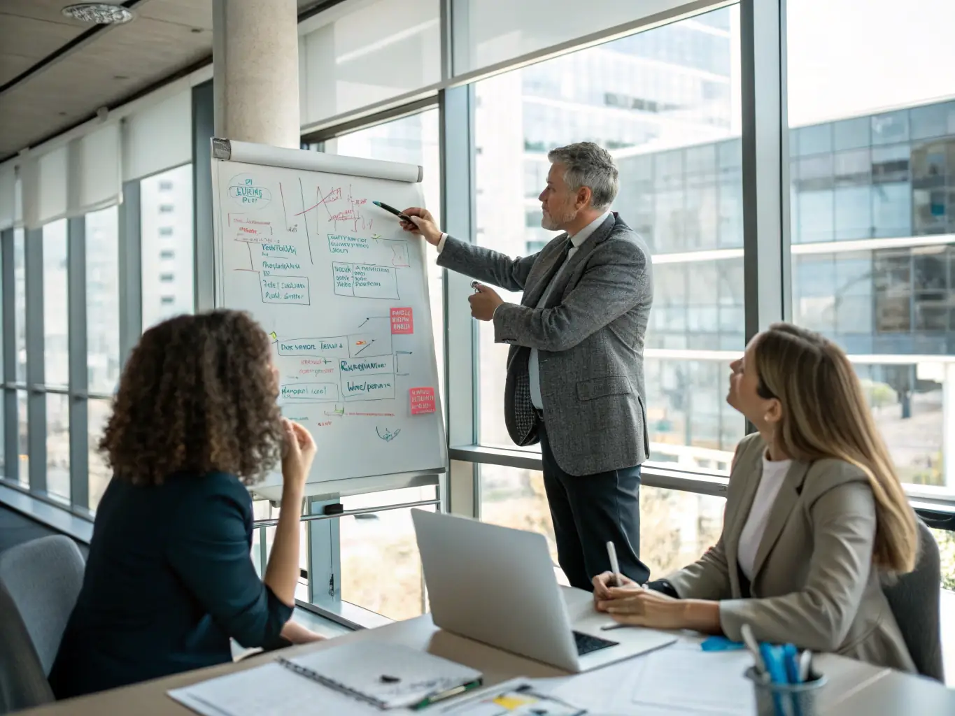A professional business coach is guiding a client through a strategic planning session, using visual aids and collaborative discussions to define clear objectives and actionable steps.