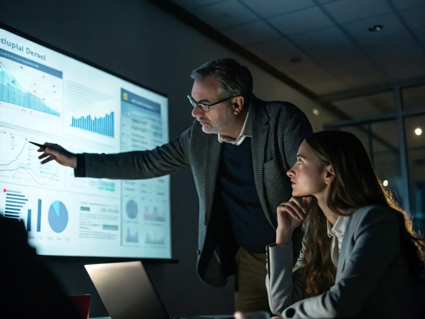 A professional coach is guiding a client through a strategic planning session, using visual aids like charts and graphs to illustrate productivity improvements and goal setting in a modern Canadian office.